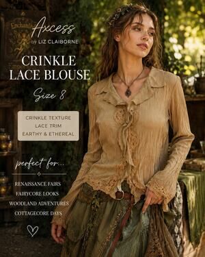 Axcess Button UP Blouse Size 8 Tan Crinkle Lace Trim Fairycore Renaissance
